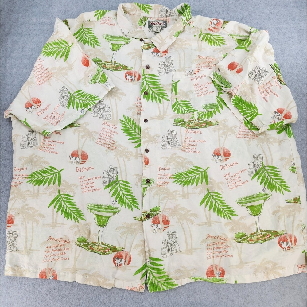 Big Dogs Resort Wear Linen Blend Shirt Men's 5X Ivory Hawaiian Tropical Coastal